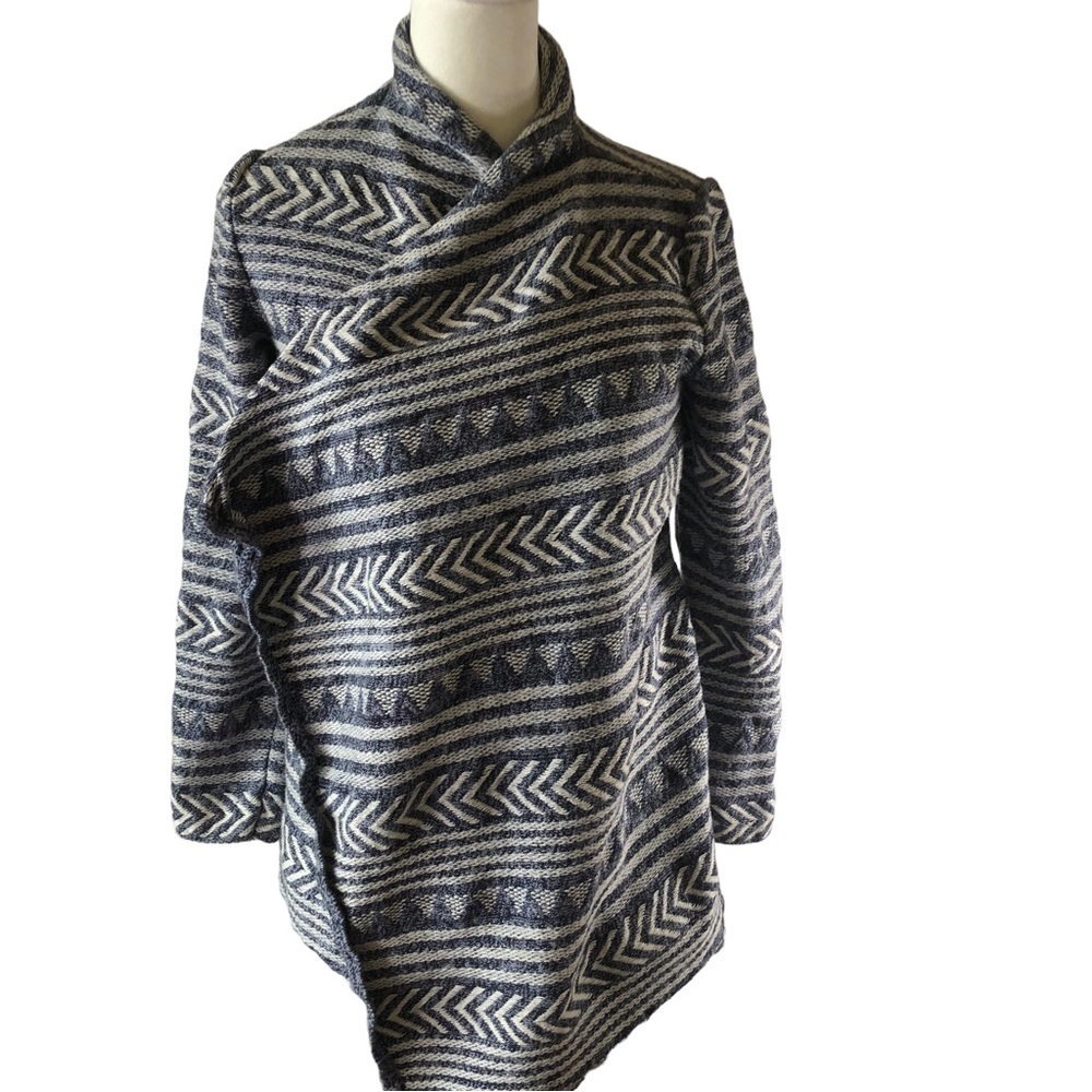 Lucky Brand Cotton Open Front Cardigan Jacket Women SP Blue White Folk Art Weave - Picture 3 of 7
